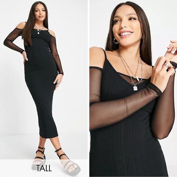 Topshop Tall mesh off the shoulder rib cut out dress in black 🖤 XL / 14 🖤 BNWT - Picture 1 of 14
